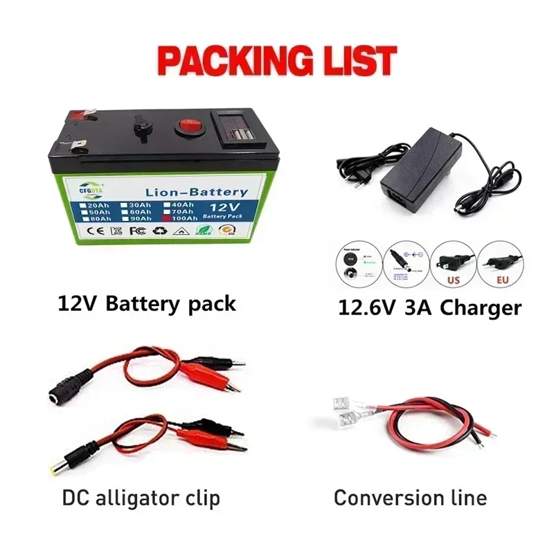 12V Lithium Battery 100Ah 18650 Rechargeable LiFePO4 Battery for Solar Energy Electric Vehicle Battery+12.6V 3A Charger