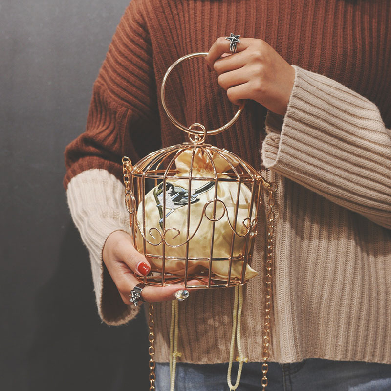 women&#39;s Birdcage Evening Bag Clutch Metal Frame Embroidery Bucket Bird Cage Mini Bag Purse women Gold tassel Handbag