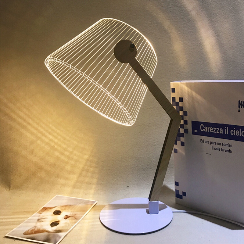 3D Effect Stereo Vision Led Bureaulamp Hout Beugel Acryl Lampenkap Led Lamp Woonkamer Slaapkamer Leeslamp Met Usb plug