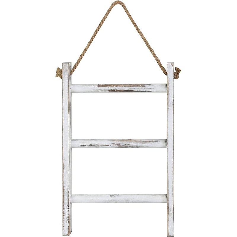 Wall-Hanging Towel Ladder Rustic Whitewashed Wood Countertop Ladder Farmhouse Decor Towels Rack with Adjustable Rope: Default Title