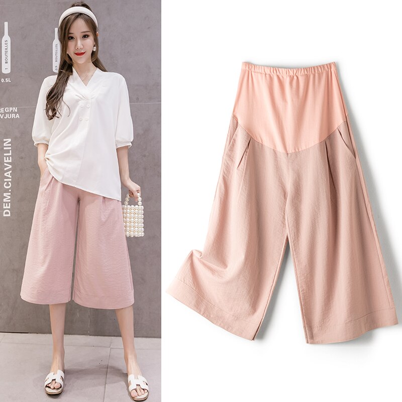 Sommar gravida kvinnor bomull och linne vidbenta byxor lösa enfärgade byxor för gravidmage lösa casual culottes