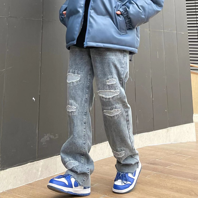 Pantalones vaqueros informales lavados con agujeros rasgados para hombre, ropa de calle con bolsillos de llama en la espalda, Jeans rectos de pareja, pantalones vaqueros sueltos de Hip Hop