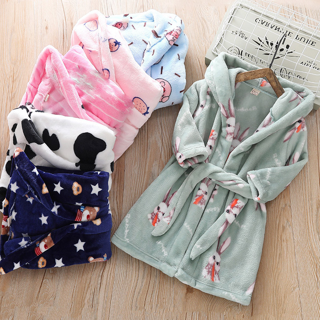 Winter Children Fleece Pajamas Warm Flannel Sleepwear Boy Girl Cartoon Hooded Bathrobe Towel Night-Gown Sleepwear Homewear 3-8Y