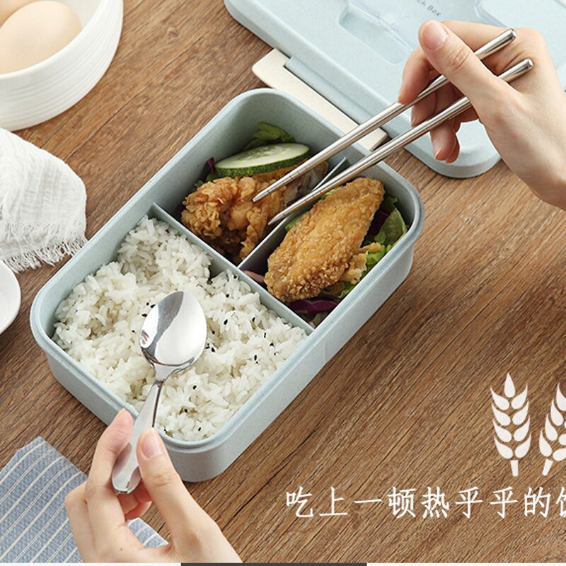 Fiambrera con contenedor de almacenamiento de alimentos para niños, caja de almuerzo con cuchara, palillos, vajilla de paja de trigo, escuela y oficina