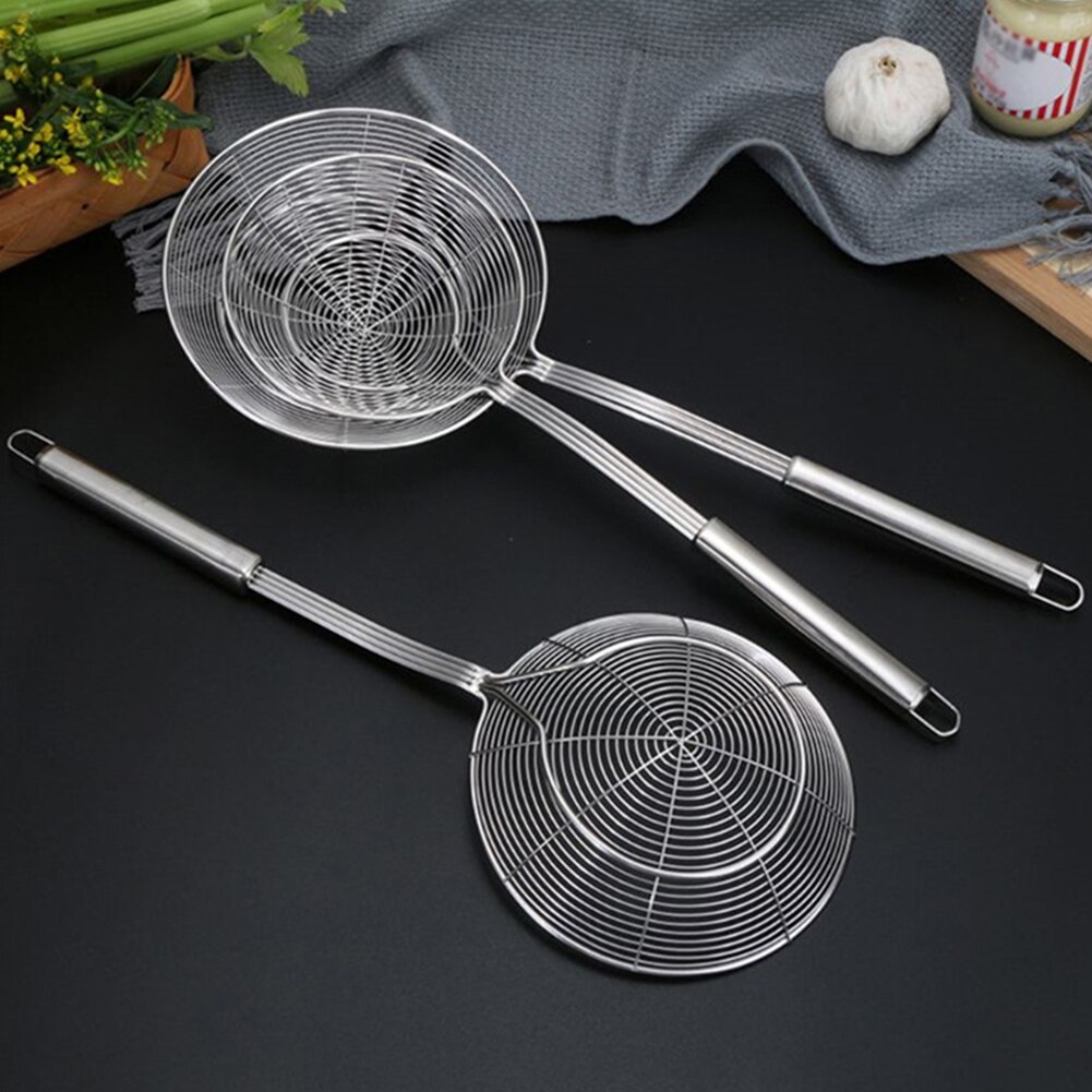 Stainless Steel Strainer Ladle Wire Skimmer Spoon With Long Handle Skimmer For Kitchen Cooking Frying Food Spaghetti 4 Sizes