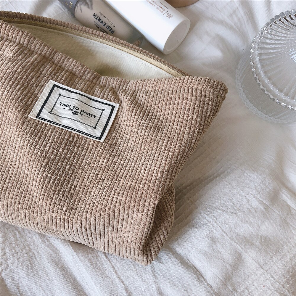 Neceser grande de pana para mujer, bolsa de maquillaje impermeable con cremallera, organizador de maquillaje de viaje, funda de belleza: Caqui