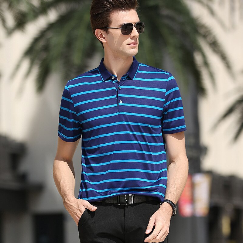 Sommer mulberry silke mænd poloshirts, herre business stribet mandlige kortærmede polo shirt