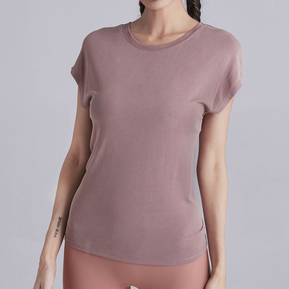 Moonglade yoga fitnesskläder kortärmad dam sexig vacker rygg delad sport löpning modal snabbtorkande dam t-shirt: Böna pasta rosa / L