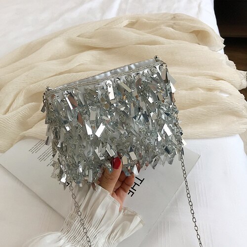 Luxe Zilveren Pailletten Strass Kwastje Vrouwen Kleine Schoudertassen Keten Elegante Dames Feestavond Clutch Purse: Zilver