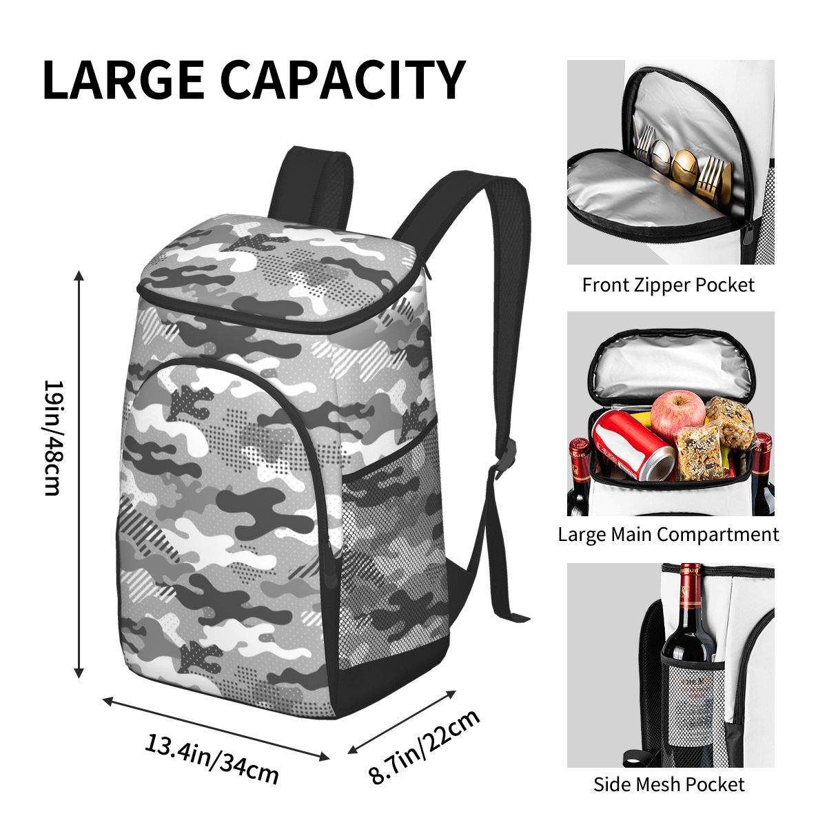 Camouflage 45 Cans Insulated Cooler Backpack Lunch Cooler Bag for Lunch Picnic Hiking Camping Beach Park Day Trips