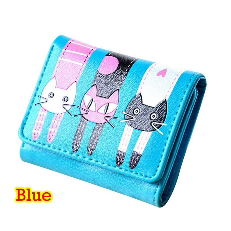 Walleta Women Ladies Girls Cat Pattern Coin Purse Short Wallet Card Holders Lovely Cat Print: Blue