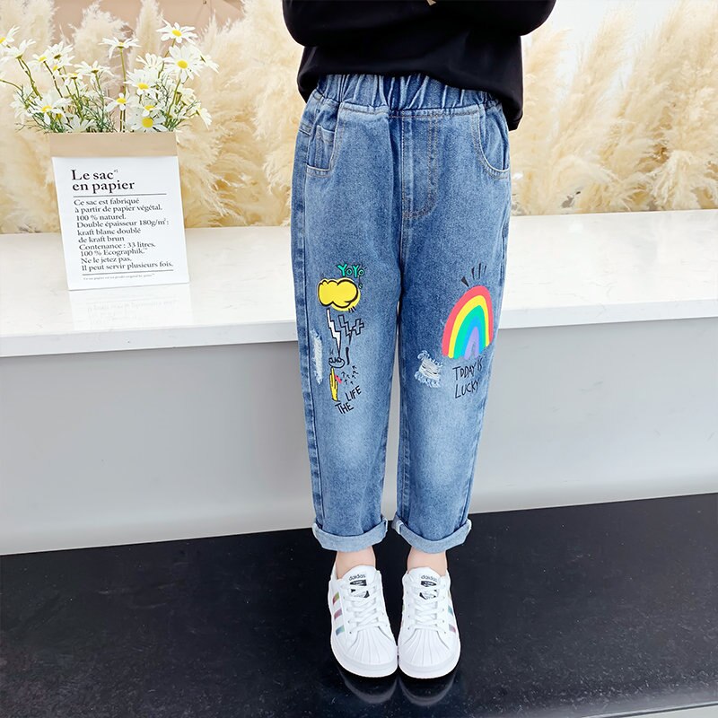 Girls Jeans Rainbow Children Spring Leisure Elastic Cartoon Rainbow Pants Kids Funny Trousers 4 To 13Yrs