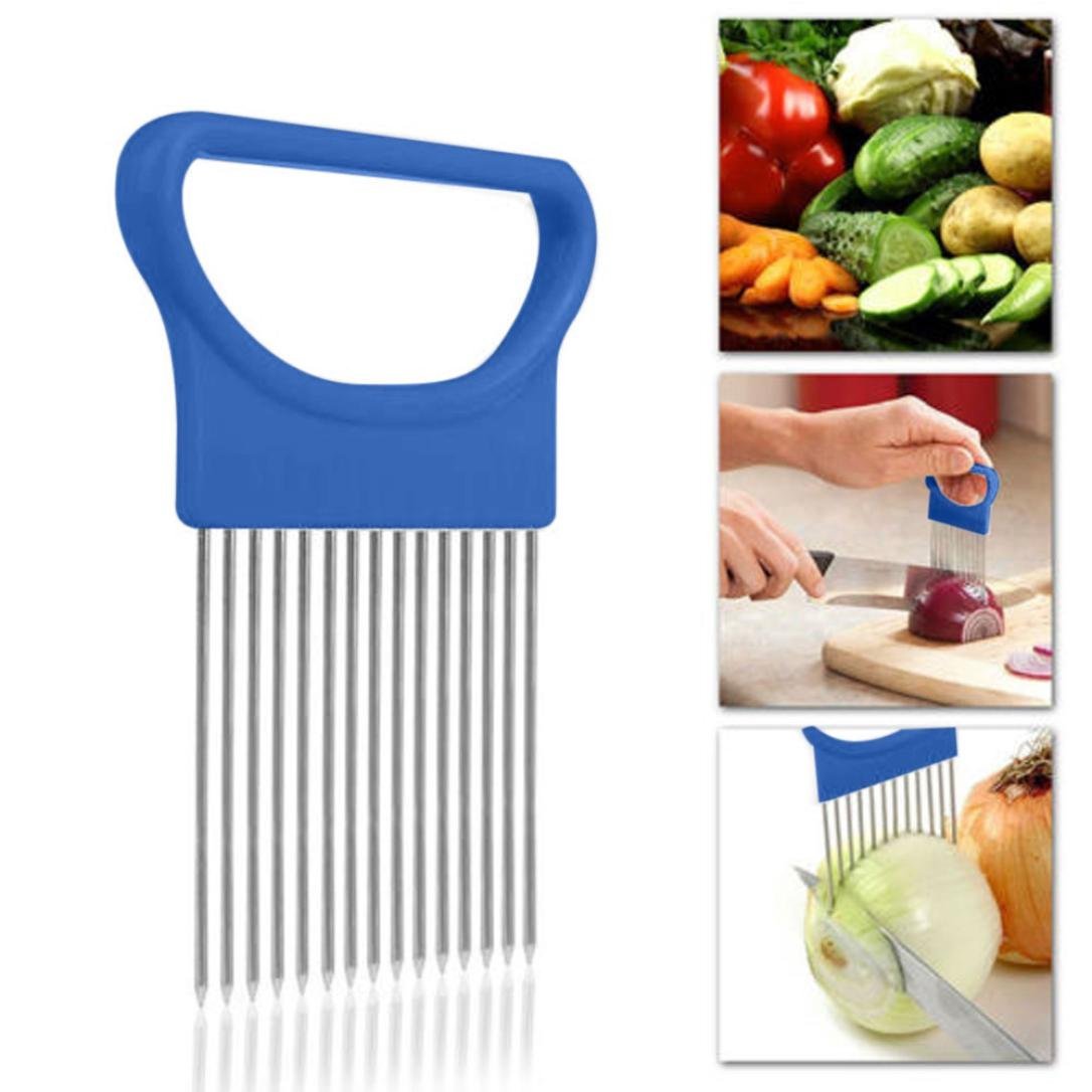 Teenra 1 stk plast løgholder skiver let skåret løgholder gaffel rustfri grøntsagsskærer kødnål gaffel tomatholder: Blå