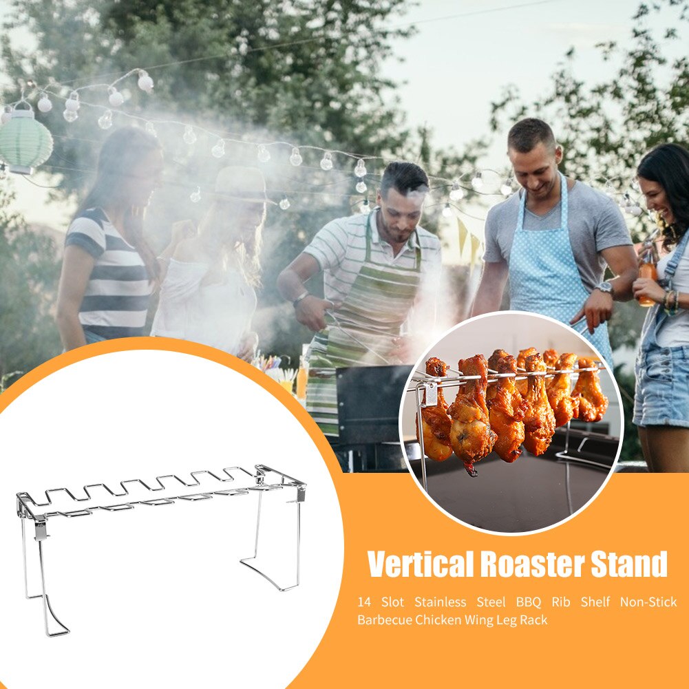 Draagbare Grillen Mand Mesh Clip 14 Slot Rvs Bbq Rib Plank Non-stick Barbecue Kip Vleugel Been Rack