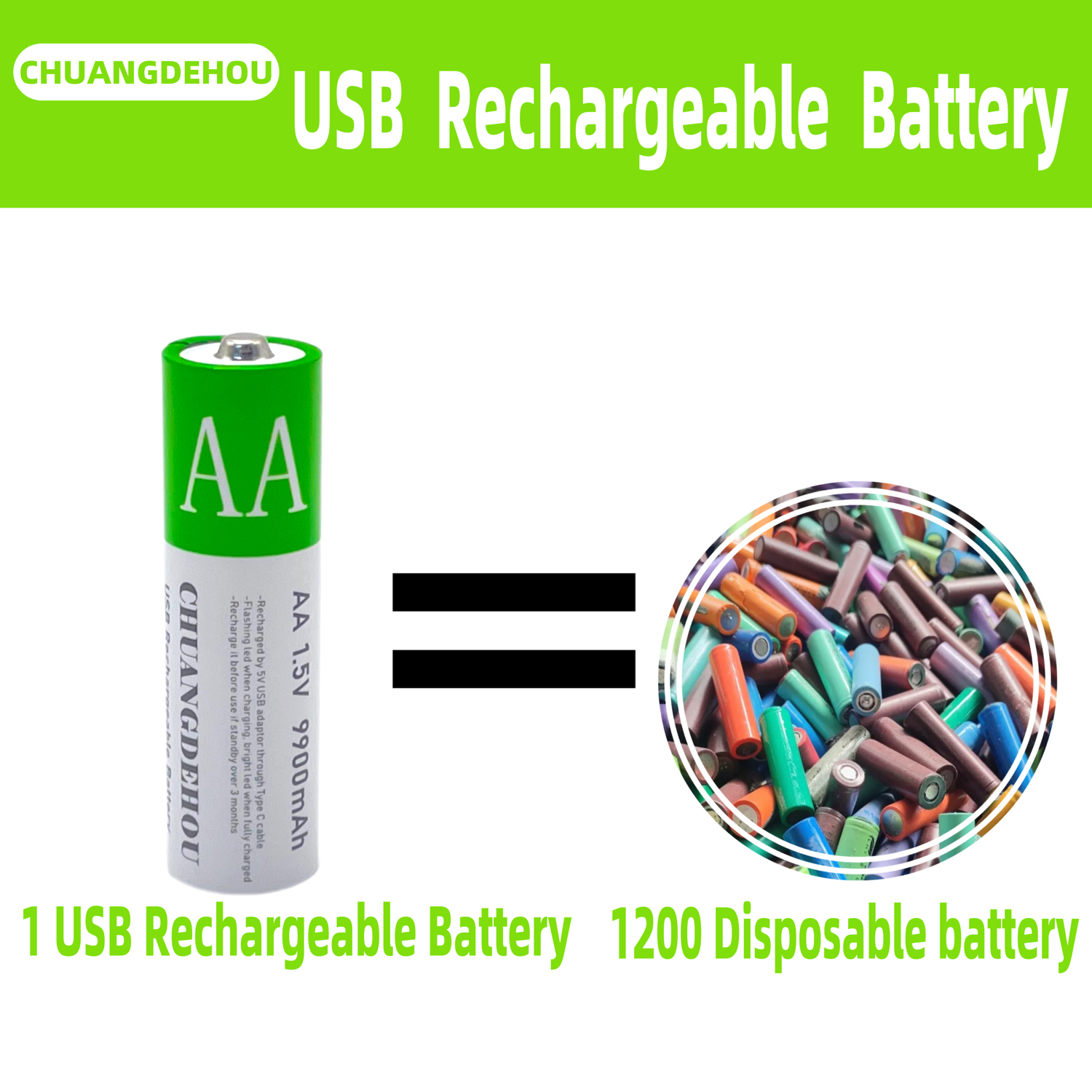 Oppladbart merke aa-batteri 1.5v x 9900 mah med stor kapasitet, type c, hurtiglading, mus/leketøy/digitalvekt/fjernkontroll, universell, resirkulerbar 2000 ganger + ekstra lang batterilevetid