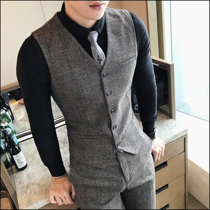 Men's Boutique Cotton Plaid Business Casual Suits Vests Men's Wedding Dress Formal Suit Vest Male