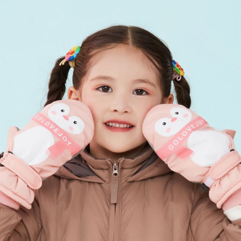 Crianças menino menina dos desenhos animados pinguim luvas à prova ddouble água dupla camada com nervuras manguito ajustável antiderrapante inverno esqui luvas à prova de vento 7-12 t