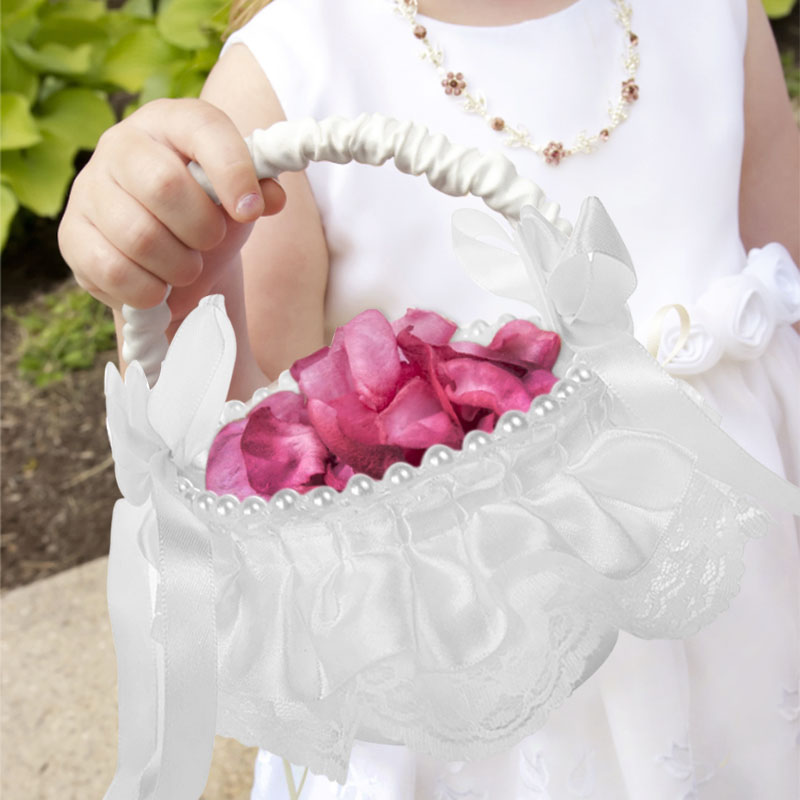 1pc White Wedding Flower Basket Lace Pearl Rhinestone Flower Petal Confetti Girls Basket For Wedding Engagement Party Decoration