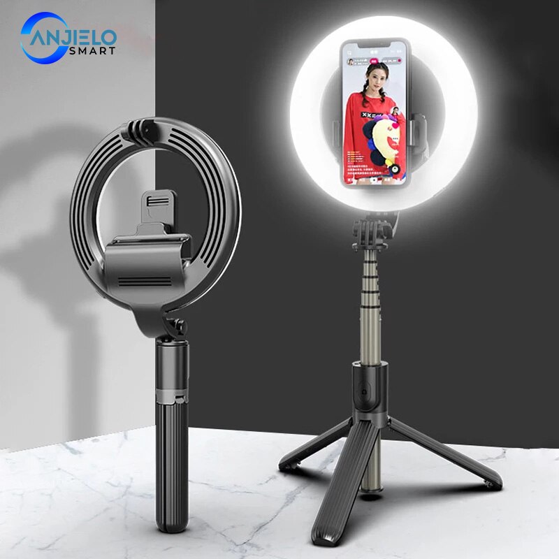 Selfie Stick Tripod - 90cm Extendable - Bluetooth Remote - 5in LED Ring Light - Aluminum & PC