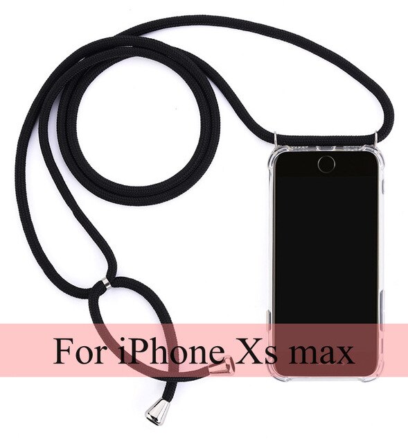 Cubierta del teléfono de la cadena del cordón de la correa para el iphone XR X XS Cordón de cadena para colgar la cubierta del teléfono móvil para la cáscara del iphone X XS XR TPU: XS Max Black