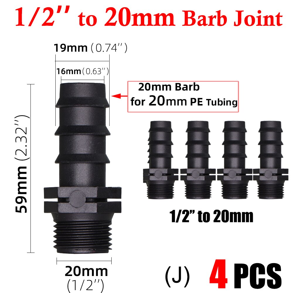 16 20 25MM 1/2" 3/4" Thread Connector to Barb 16mm 20mm PE Tubing Adapter Hose Joints Garden Drip Irrigation Coupling Fittings: black