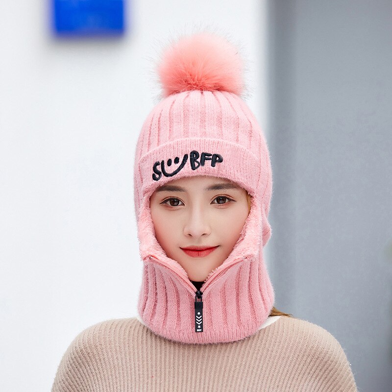 DIHOPE 2 pièces tricot bonnet chapeau et écharpe ensemble Hairball pompon chapeaux femme épais hiver mignon filles lettre Smiley fermeture éclair chapeau: adult pink