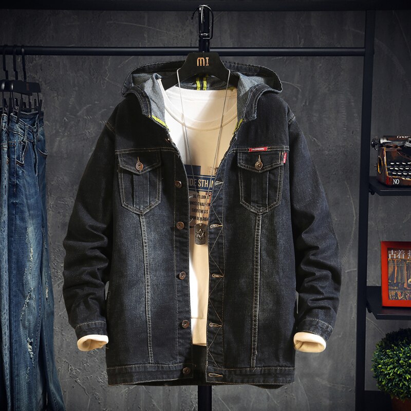 Autumn and Winter Men's hoodies Jacket Casual black Denim Jacket Embroidery Jacket Men: M