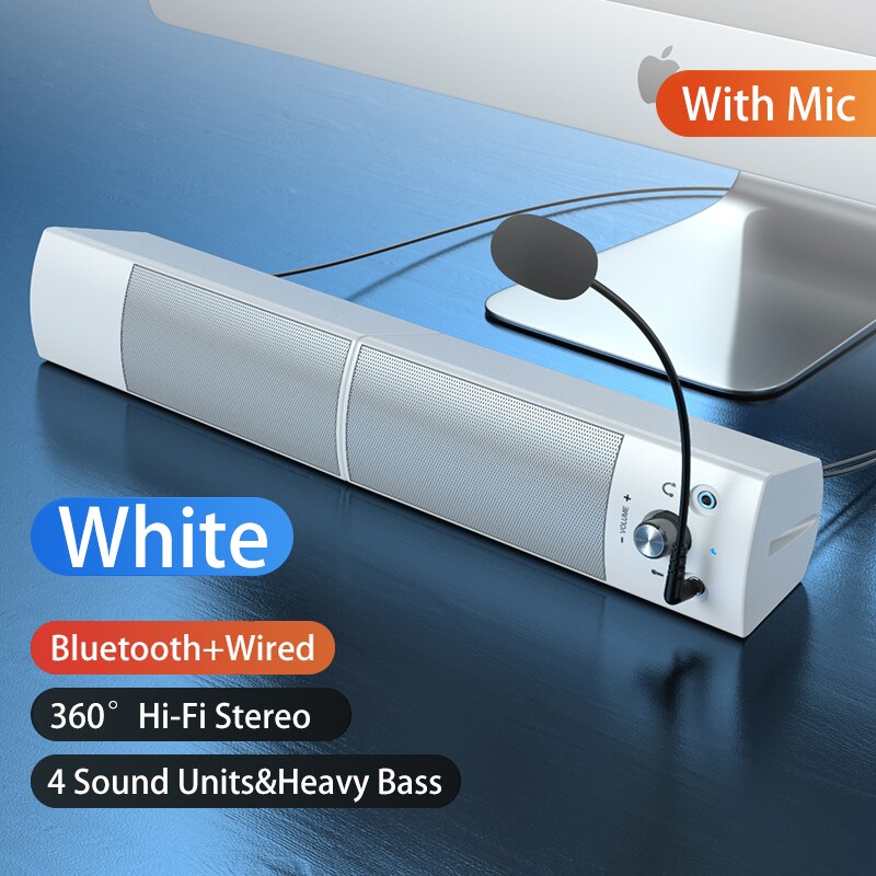 Altavoz con Bluetooth y barra desmontable para ordenador, Subwoofer con sonido envolvente, cable USB, reproductor de música Dual, novedad de: White bluetooth mic