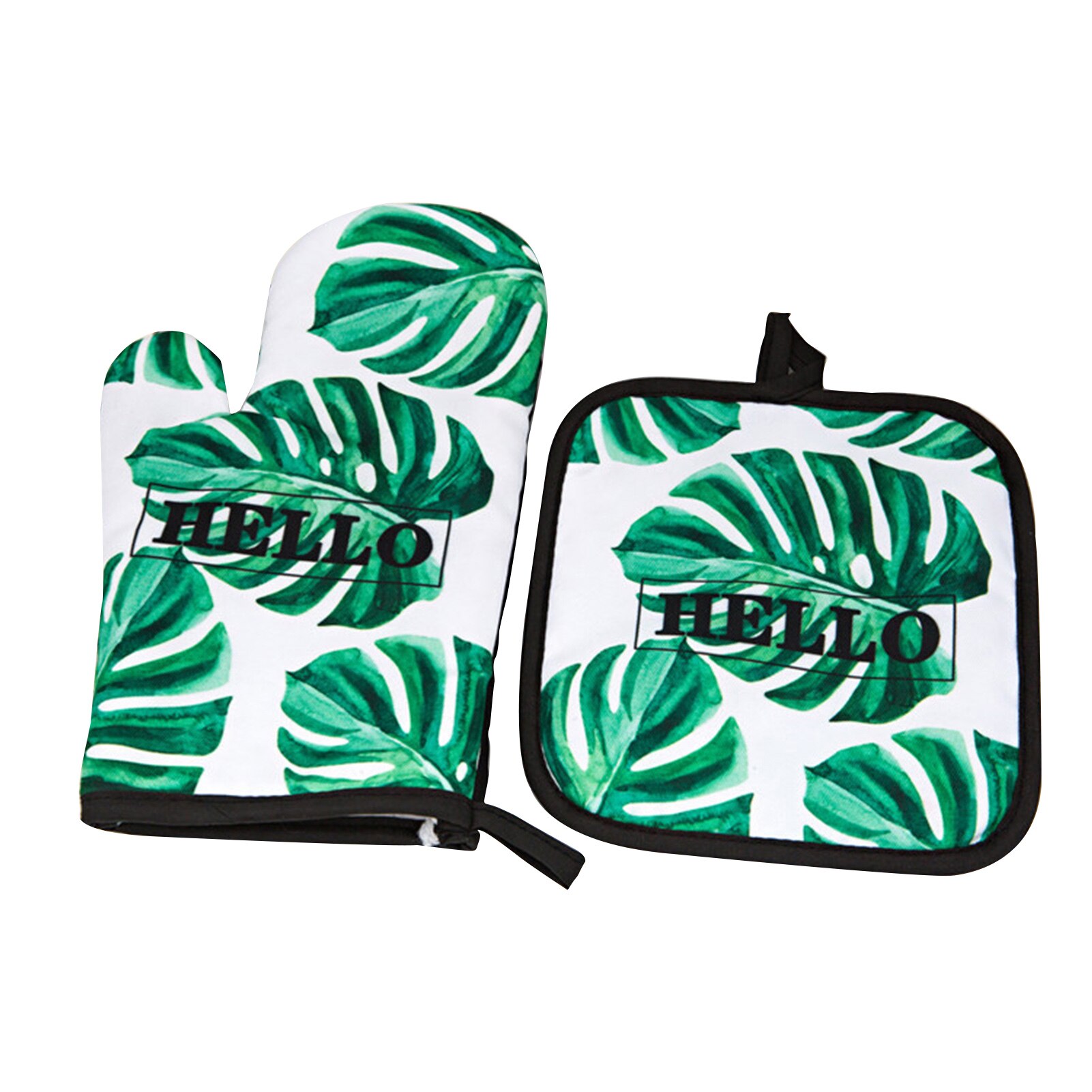 Juego de guantes de cocina antideslizantes para mujer, manoplas de horno y soporte para ollas, almohadillas calientes resistentes al calor, D1, 2 uds.: green leaves