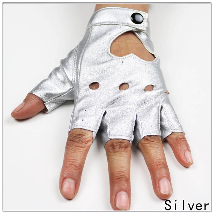 Ninja Women Leather Gloves Fingerless Star Hollow Gloves Party Show Breathable Half Finger Mittens Women: Silver