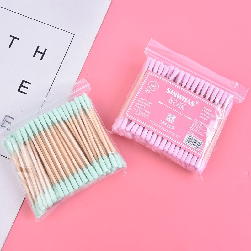100 stuks/pak wattenstaafjes met dubbele kop voor vrouwen make-up, wattenstaafjes, houten stokjes, neus- en oorreinigingshulpmiddelen voor de gezondheidszorg