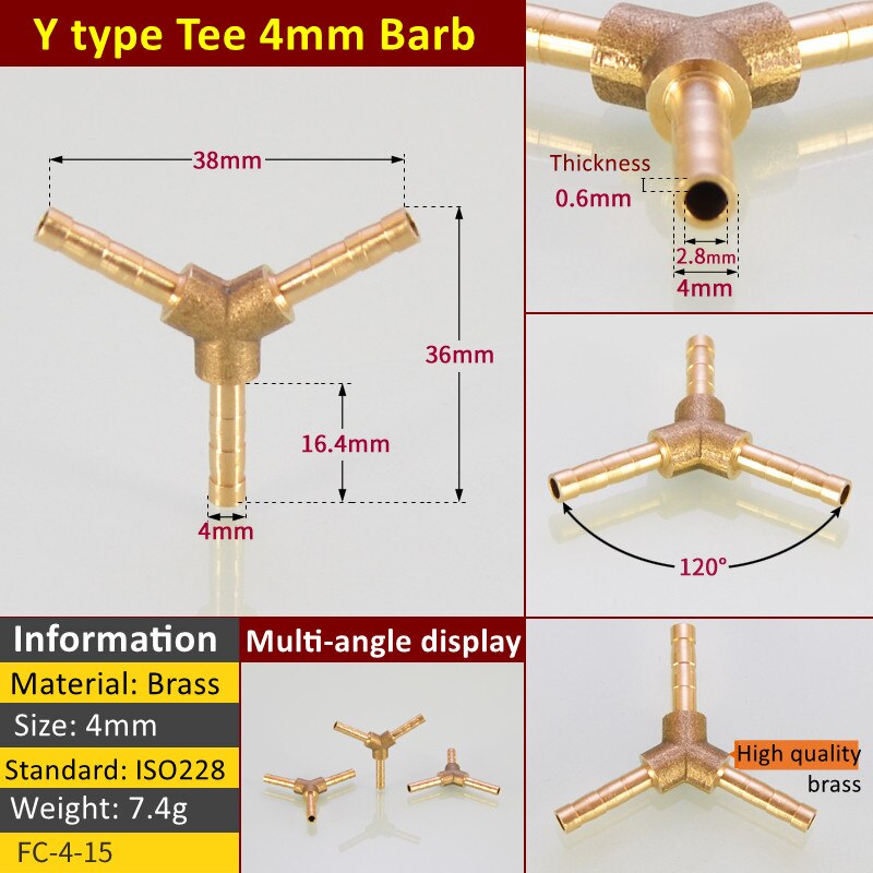 1PC Brass Barb Pipe Fitting Y Type 3 way tee connector For 4mm 5mm 6mm 8mm 10/12/14/16/19/25mm hose copper Pagoda Tube Fittings: Bronze Yellow