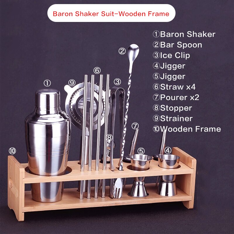 Bar Soul Cocktail Shaker Set Stainless Steel Bar Tools Bartender Tools Shaker Jigger Spoon Muddler Bartender Set: baron shaker wooden