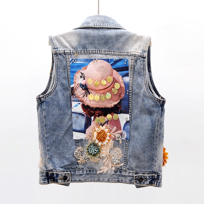 Gilet en jean sans manches pour femmes, décontracté, à la coréenne, avec perles et paillettes, modèle , JC229