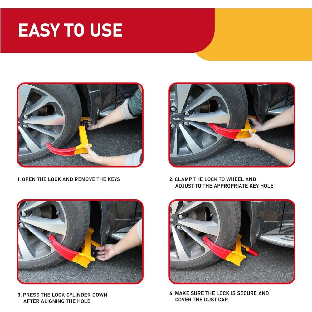 Kraftig dæklås i rustfrit stål. justerbar med ni huller. passer til biler, lastbiler, autocampere, trailere, cykler og motorcykler.