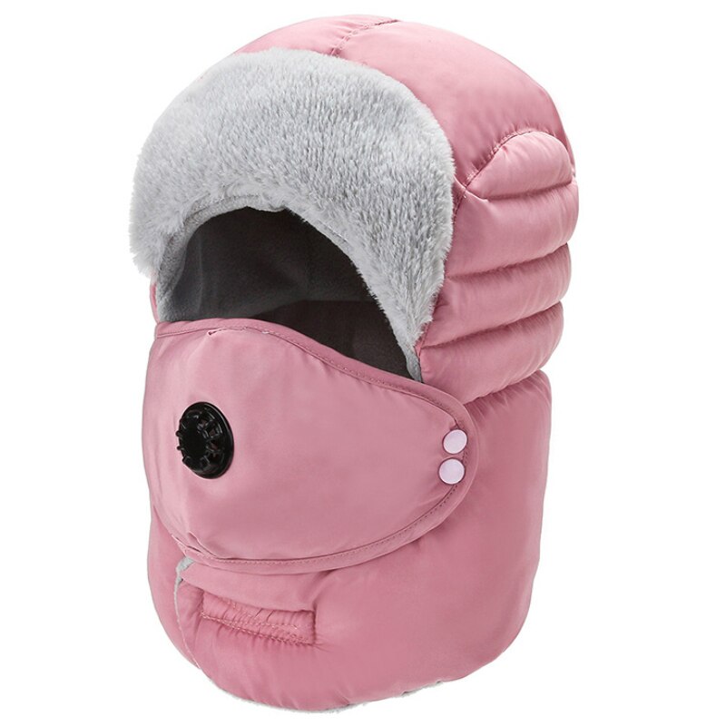 Bomber Hat Men Women Winter Hat with Mask Thick Warm Russian Hat Windproof Earflap Trapper Cap Unisex Snow Ski Fur Hat: Pink