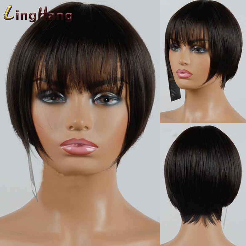 LINGHANG Short Brown Black Straight Wig Pixie Hair Cut Style Wigs For Women Synthetic Hair High Temperature Fiber: 4-6