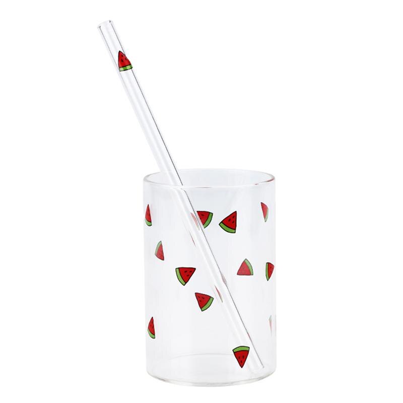 Vaso de vidrio borosilicato resistente al calor para jugo de fruta y leche, taza de almacenamiento de agua con pajita para el hogar y la Oficina (estilo de estampado de fresa: Watermelon Red