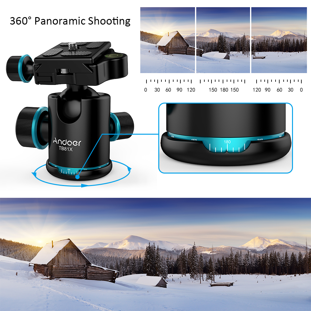 Andoer TB81X rótula de bola de trípode de 360 grados de rotación cabeza de bola para trípode Monopod deslizador cámara DSLR con 3 uds 1/4 "a 3/8" de tornillo