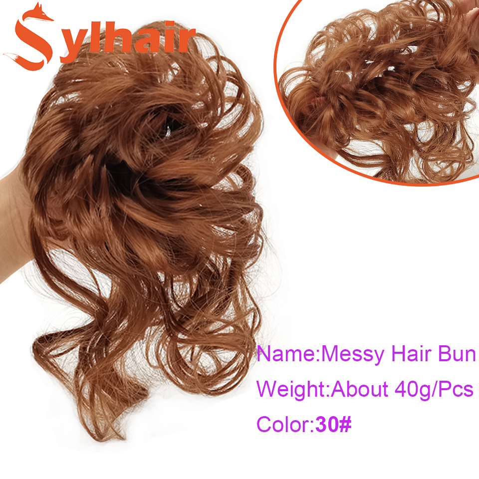 Sylhai-moño de pelo rizado sintético para mujer, moño marrón desordenado con cuerda elástica para el cabello, banda de goma, extensiones de cabello: 30