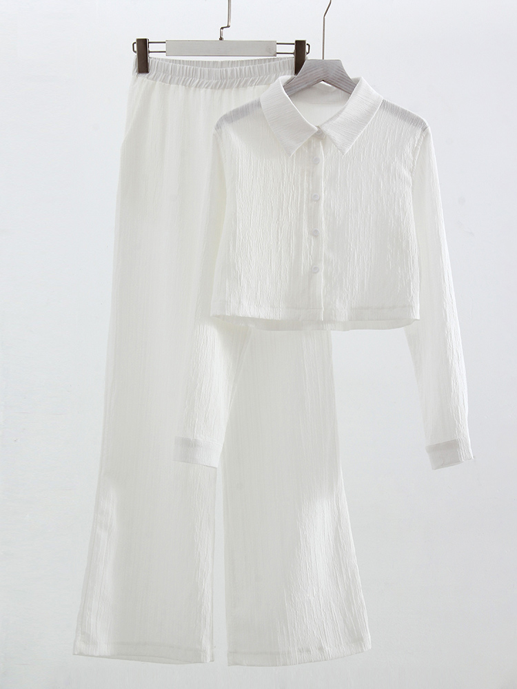 Sommersæt med crop top og bukser til kvinder, 2- delte lige bukser, damejakkesæt, 2-delte sæt til kvinder, skjorte og bukser: Xl / Hvid