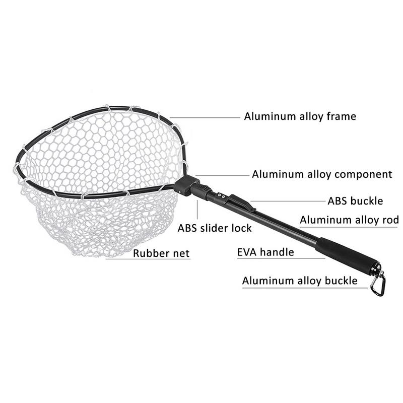 Fast Folding Hand Net Fishing Fly Fish Landing Net Trout Bass Soft Rubber Mesh Catch Release Net Aluminum Alloy Black