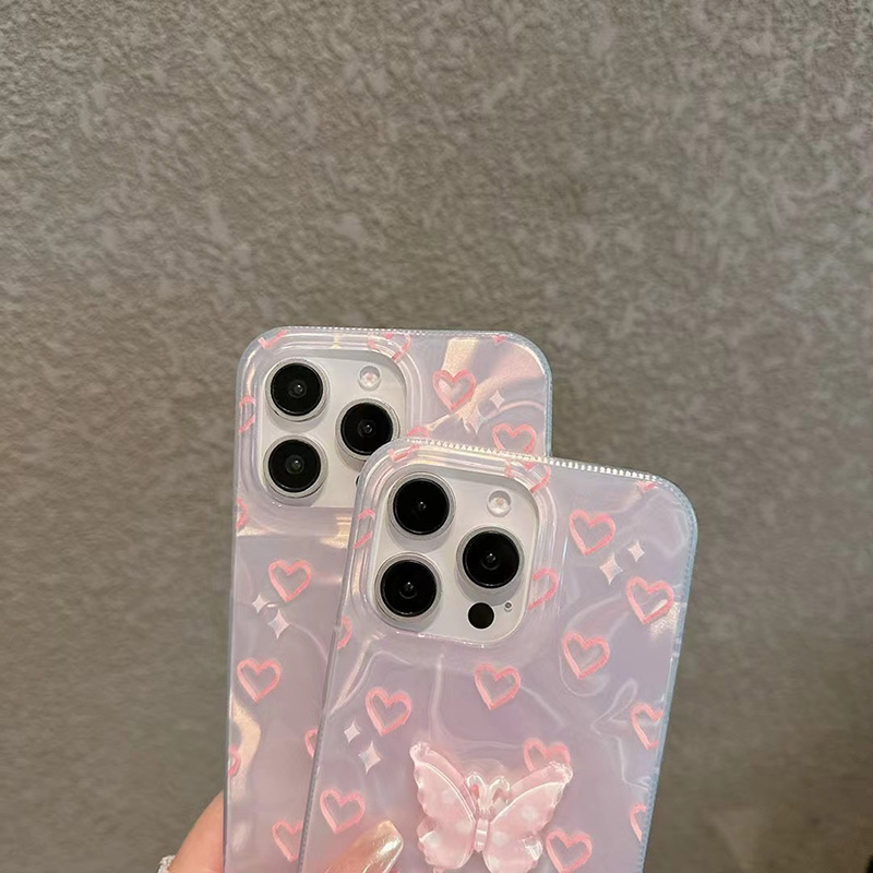 Para iPhone 15 Pro 16 Plus 14 Pro Max 13 12 11 X XS XR 7 8 SE romántico corazón rosa mariposa brillo forro duro alta funda de teléfono