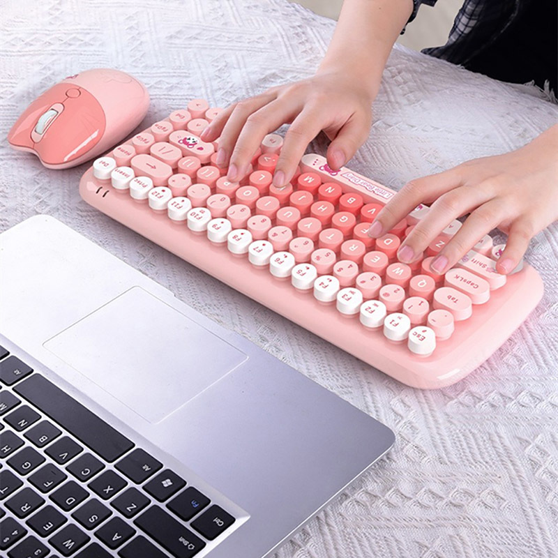 2.4G Wireless Keyboard Mouse Combo 84 Keys Compact Size Colorful Retro Round Keycaps For Laptop/Desktop, Battery Powered