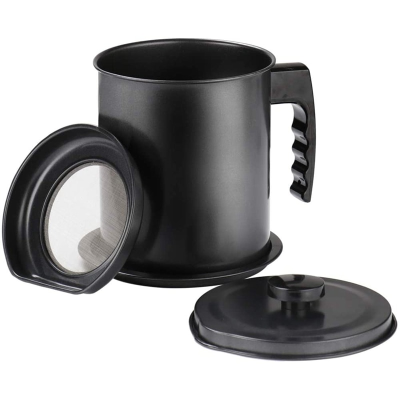 Contenedor de grasa, almacenamiento de aceite de Bacon con filtro de malla fina, lata de cocina negra de 1,3 L para aceite de cocina usado, grasa, aceite para freír