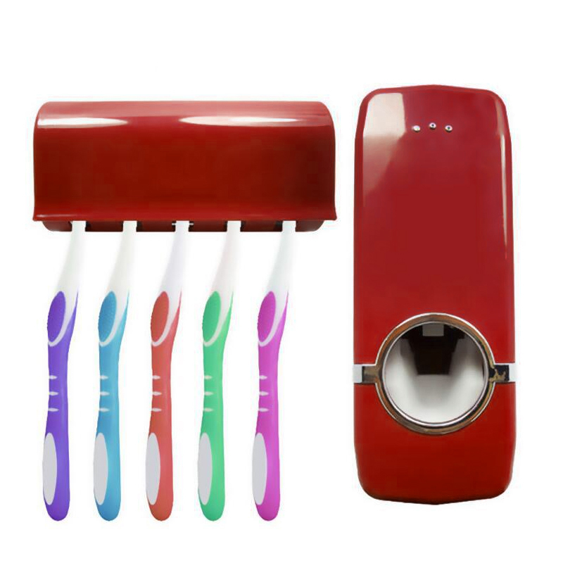 Home Wall Mounted Hands Free Automatic Toothpaste Tube Squeezer Dispenser Toothbrush Holder Bathroom Accessories Tools: Rose Red