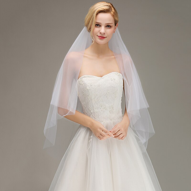Veu de noiva cut edge kort bryllupsslør med kam billig tolags tyl brudeslør bryllupstilbehør voile mariage