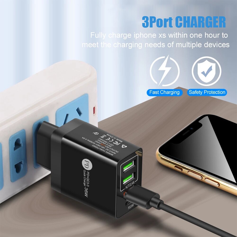 4 porty 36W ładowarka do telefonu komórkowego 2.4A PD 20W szybkie ładowanie 3.0 USB typ C ładowarka ścienna do iPhone 13 12 11 Xiaomi Samsung