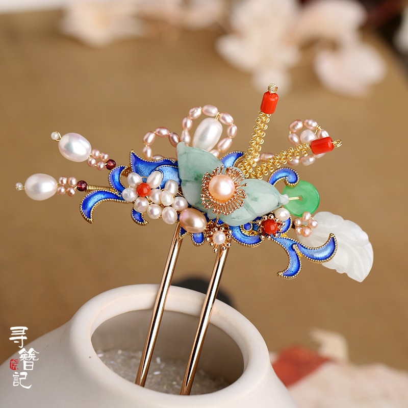Kanzashi Hanfu-accesorios originales hechos a mano para el cabello, Varita para el pelo de Jade Vintage Cloisonne, Perla de mariposa, ágata, horquilla de Adorno