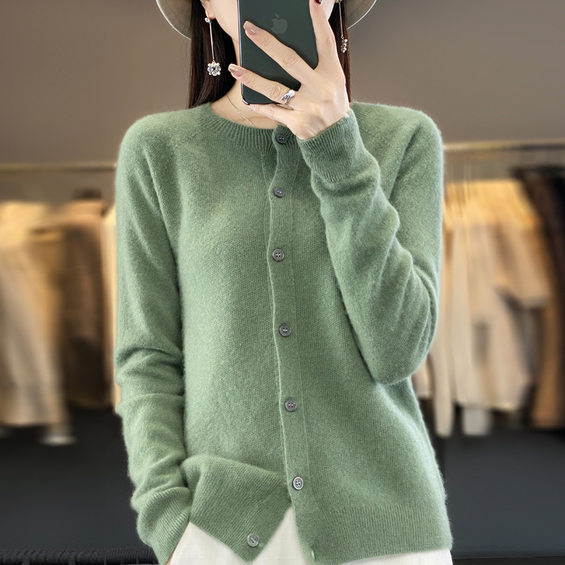 mujer 100% cárdigans de lana merina suéter de cachemira Otoño Invierno cuello redondo prendas de punto de manga larga ropa básica femenina Tops: XL / Verde militar